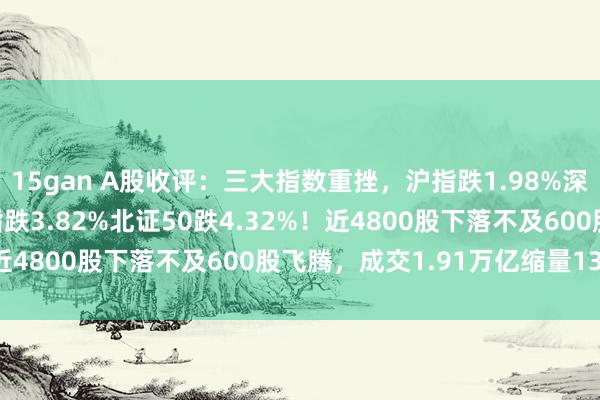 15gan A股收评：三大指数重挫，沪指跌1.98%深证成指跌2.89%，创指跌3.82%北证50跌4.32%！近4800股下落不及600股飞腾，成交1.91万亿缩量1364亿